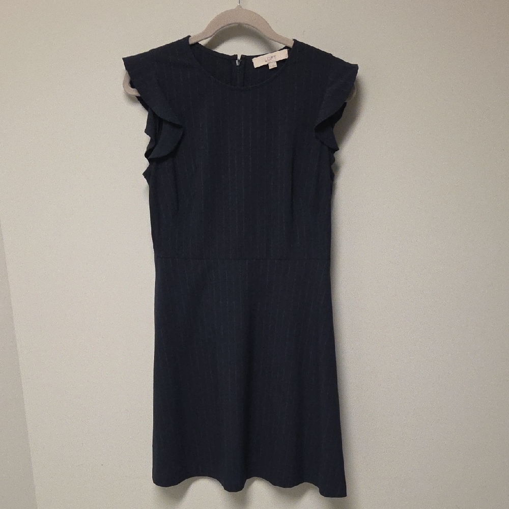LOFT Navy Blue Pinstripe Flutter Sleeve Dress, Size 6